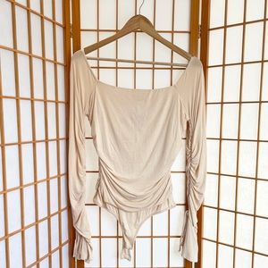 • fashion nova cream ruched bodysuit •